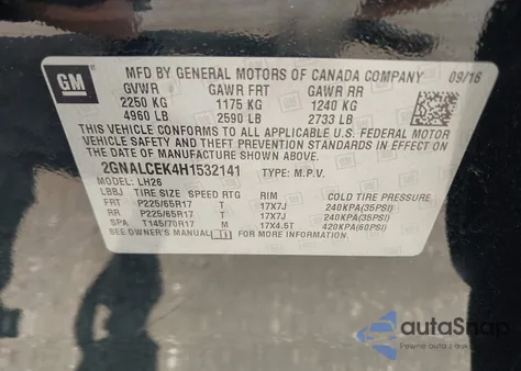 2017 Chevrolet Equinox Lt z USA, uszkodzony, nr VIN 2GNALCEK4H1532141